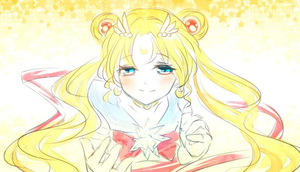 Anime picture 1215x700 with bishoujo senshi sailor moon toei animation tsukino usagi sailor moon single long hair blush simple background blonde hair wide image white background twintails aqua eyes yellow background girl gloves hair ornament bow ribbon (ribbons) star (symbol)