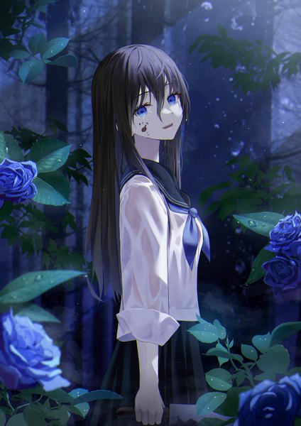 Anime picture 1736x2456 with original hyonee single long hair tall image looking at viewer fringe highres open mouth blue eyes black hair hair between eyes standing holding outdoors night wet tears turning head wet clothes