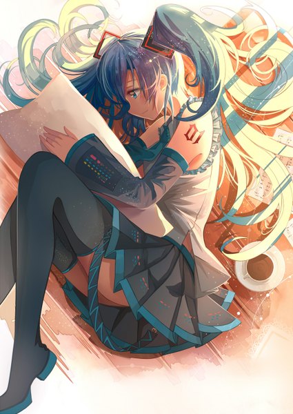 Anime picture 1000x1412 with vocaloid hatsune miku hunxiao xingshuang single tall image blush smile twintails lying very long hair profile pleated skirt aqua eyes aqua hair wide sleeves tattoo on side girl thighhighs skirt