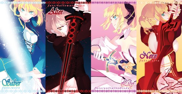 Anime picture 1200x624 with fate (series) fate/stay night fate/zero fate/extra fate/unlimited codes studio deen type-moon artoria pendragon (all) saber nero claudius (fate) (all) saber alter nero claudius (fate) saber lily rozer looking at viewer fringe breasts blonde hair wide image yellow eyes