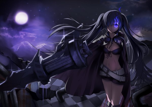 Anime picture 2262x1600 with black rock shooter insane black rock shooter ino satsu single long hair looking at viewer fringe highres black hair standing twintails cloud (clouds) hair over one eye night open clothes open jacket midriff night sky glowing mountain