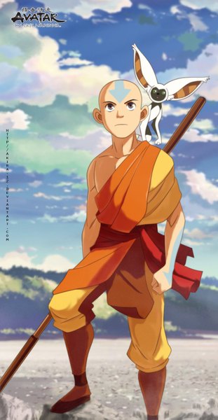 Anime picture 1000x1927 with avatar: the last airbender nickelodeon aang momo (avatar) akira-12 tall image brown eyes green eyes sky cloud (clouds) inscription tattoo coloring muscle bald boy staff fist