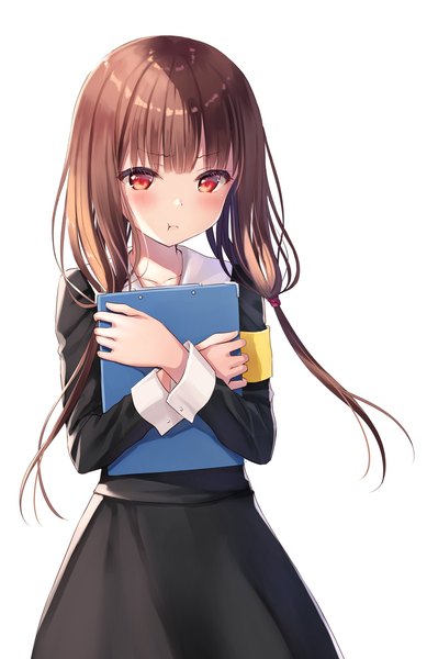 Anime picture 1280x1973 with kaguya-sama wa kokurasetai ~tensai-tachi no renai zunousen~ a-1 pictures iino miko na-ga single long hair tall image looking at viewer blush fringe simple background red eyes brown hair white background twintails blunt bangs long sleeves low twintails hair over shoulder :t