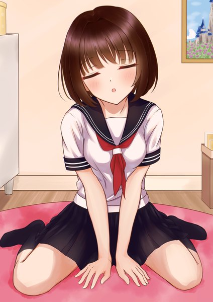Anime picture 1650x2333 with original free palet single tall image blush fringe short hair breasts open mouth brown hair sitting full body bent knee (knees) indoors eyes closed pleated skirt arm support short sleeves no shoes wariza