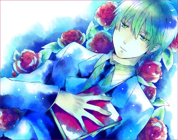 Anime picture 1200x942 with axis powers hetalia studio deen united kingdom (hetalia) washi (micino) single short hair blonde hair green eyes lying boy flower (flowers) necktie rose (roses) book (books) suit red rose