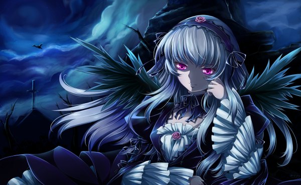Anime picture 1300x800 with rozen maiden suigintou mtyy single long hair wide image purple eyes cloud (clouds) white hair night lolita fashion goth-loli girl dress wings frills hairband
