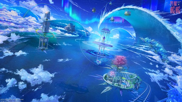 Anime picture 2000x1125 with original arsenixc highres wide image sky cloud (clouds) cherry blossoms fantasy weightlessness aurora borealis chinese plant (plants) tree (trees) heart sea building (buildings) star (stars) grass crystal pool