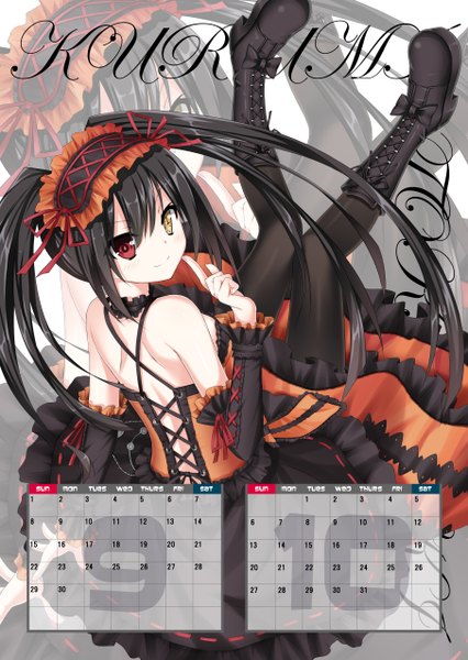 Anime picture 3624x5098 with date a live tokisaki kurumi long hair tall image highres black hair twintails absurdres heterochromia uneven twintails girl dress detached sleeves boots frills calendar