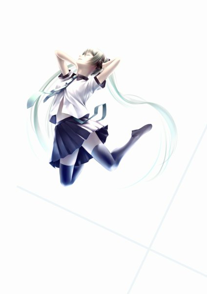 Anime picture 848x1200 with vocaloid hatsune miku oki (koi0koi) single tall image white background twintails eyes closed very long hair aqua hair girl thighhighs skirt uniform black thighhighs necktie headphones