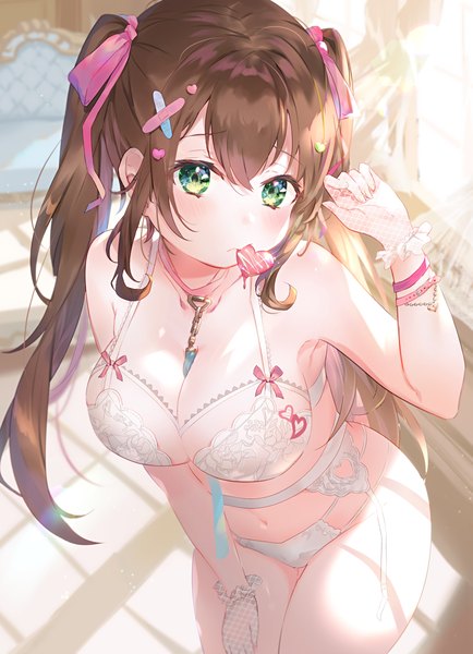 Anime picture 997x1377 with virtual youtuber melty+ hanamori healthy omelet tomato single long hair tall image looking at viewer blush fringe breasts light erotic hair between eyes brown hair large breasts standing twintails holding green eyes payot