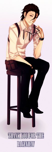 Anime picture 1585x4613 with bleach studio pierrot aizen sousuke persona92 (orichie) single tall image short hair brown hair sitting yellow eyes light smile inscription open collar boy glasses fingerless gloves pants chair fanny pack