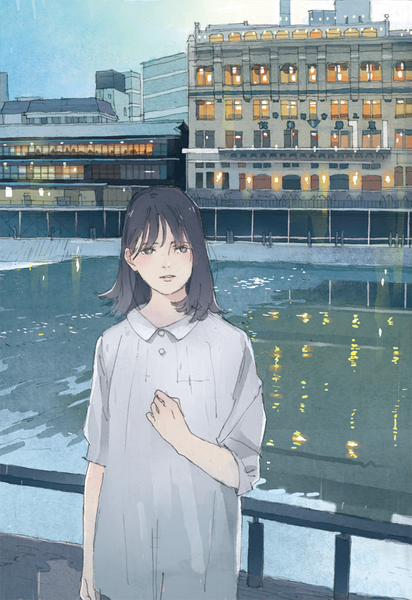 Anime picture 622x906 with original wamizu single long hair tall image fringe black hair looking away upper body black eyes river real world location kyoto girl shirt white shirt building (buildings)