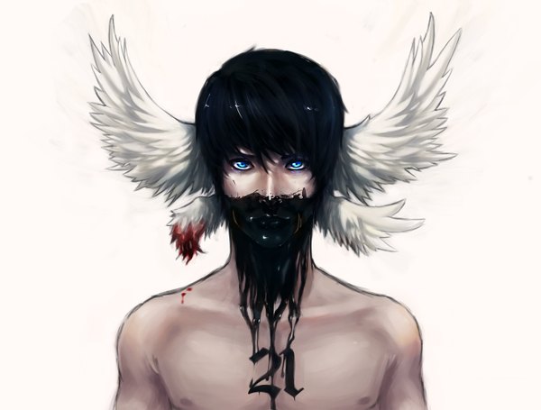 Anime picture 1458x1106 with original faulty-ai single short hair blue eyes black hair simple background white background realistic head wings boy blood