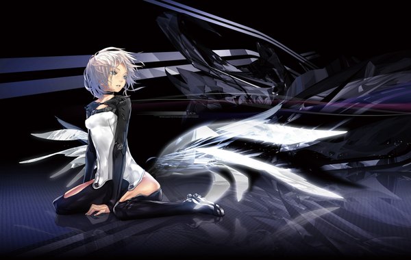 Anime picture 2000x1268 with beatless leicia redjuice single highres short hair sitting white hair looking back grey eyes reflection silver eyes abstract girl wings thigh boots bodysuit