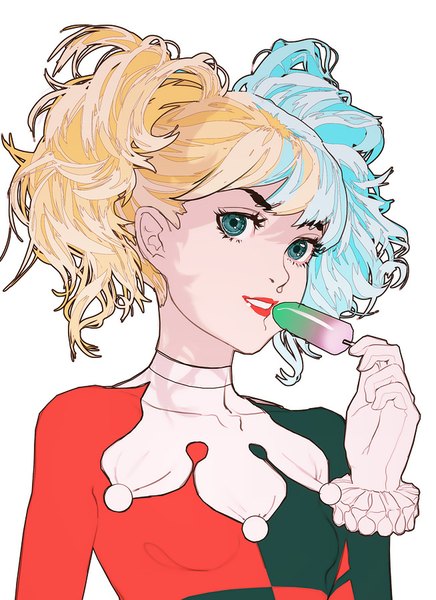 Anime picture 654x900 with batman dc comics harley queen jace-wallace single tall image short hair simple background blonde hair smile white background green eyes blue hair multicolored hair lips two-tone hair lipstick red lipstick girl food