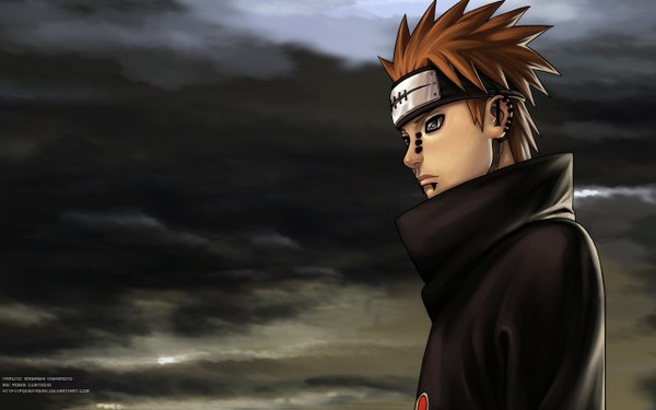 Anime picture 1280x800 with naruto studio pierrot naruto (series) pain (naruto) deva path single short hair wide image cloud (clouds) profile orange hair piercing akatsuki rinnegan boy choker hairband cloak bandana