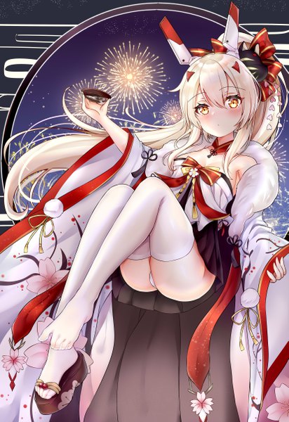Anime picture 3306x4806 with azur lane ayanami (azur lane) ayanami (pulse of the new year) (azur lane) arlene (ju) single long hair tall image looking at viewer blush fringe highres breasts light erotic blonde hair hair between eyes holding yellow eyes absurdres full body bent knee (knees)