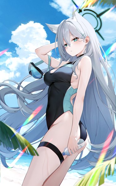 Anime picture 3000x4800 with blue archive shiroko (blue archive) shiroko terror (blue archive) shiroko (swimsuit) (blue archive) sagiri (ulpha220) single long hair tall image looking at viewer blush fringe highres breasts blue eyes light erotic hair between eyes standing holding animal ears sky