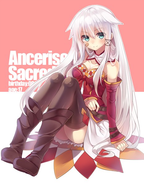 Anime picture 800x1028 with original anceril sacred mishima kurone single tall image looking at viewer blush short hair blue eyes light erotic smile sitting bare shoulders bent knee (knees) white hair long sleeves bandaid on face girl thighhighs dress