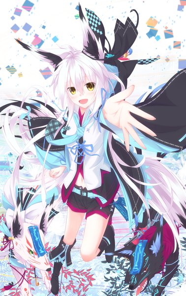 Anime picture 1419x2251 with original nagishiro mito single long hair tall image looking at viewer blush open mouth animal ears yellow eyes white hair tail animal tail girl animal necktie jacket shorts boots fox