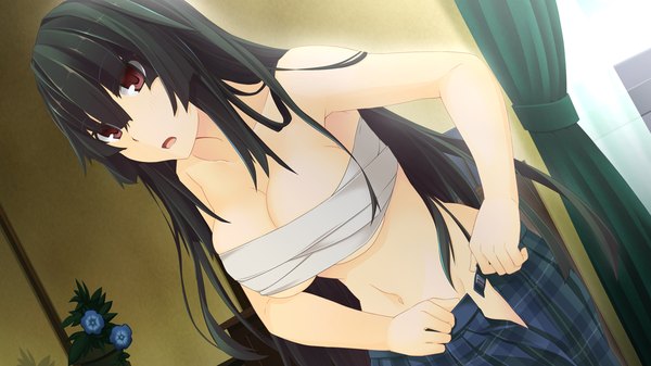 Anime picture 1280x720 with natsuiro asagao residence long hair breasts light erotic black hair red eyes wide image game cg girl navel bandage (bandages)