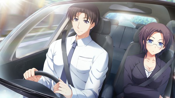 Anime picture 1280x720 with atled everlasting song short hair blue eyes black hair wide image game cg car interior girl boy shirt glasses necktie ground vehicle car