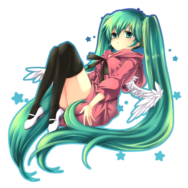 Anime picture 1000x1000 with vocaloid hatsune miku saeha single twintails very long hair aqua eyes aqua hair transparent background girl thighhighs dress black thighhighs wings