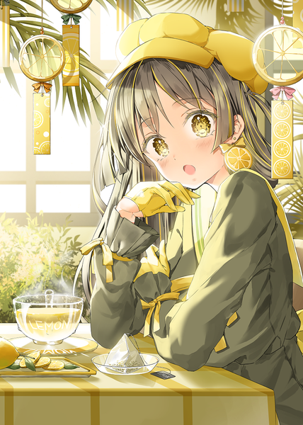 Anime-Bild 800x1122 mit original h shai single long hair tall image looking at viewer blush fringe open mouth blonde hair hair between eyes sitting yellow eyes indoors multicolored hair grey hair sunlight arm support two-tone hair :o