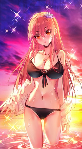 Anime picture 2156x3896 with idolmaster idolmaster cinderella girls jougasaki mika baocaizi single long hair tall image looking at viewer fringe highres breasts open mouth light erotic hair between eyes large breasts standing pink hair sky cleavage cloud (clouds)