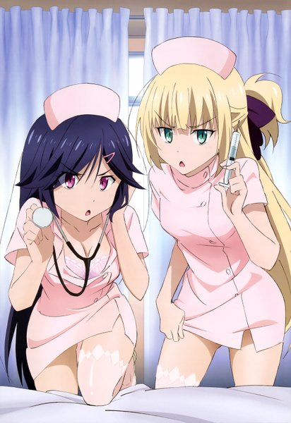 Anime picture 4088x5950 with mahou sensou madhouse nyantype aiba mui isoshima kurumi ogata ayu long hair tall image highres open mouth light erotic blonde hair multiple girls green eyes blue hair absurdres pink eyes official art nurse girl