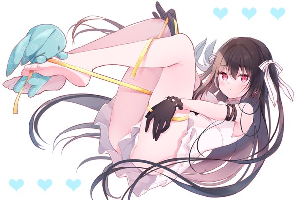 Anime picture 1920x1300 with original humuyun single long hair looking at viewer blush fringe highres light erotic black hair simple background hair between eyes red eyes white background twintails full body bent knee (knees) barefoot girl dress