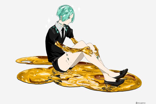 Anime picture 3000x2000 with houseki no kuni phosphophyllite kko (um7mr) single highres short hair simple background sitting signed looking away full body aqua hair grey background bare legs twitter username androgynous spoilers crack puddle gold