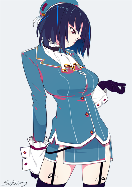 Anime picture 566x800 with kantai collection takao heavy cruiser sohin single tall image fringe short hair light erotic black hair simple background smile red eyes signed looking away grey background girl thighhighs gloves black thighhighs black gloves