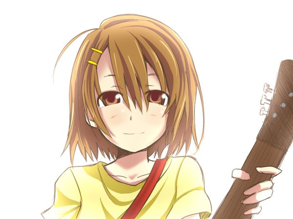 Anime picture 1400x1050 with k-on! kyoto animation hirasawa yui nakamura junya single looking at viewer fringe short hair simple background hair between eyes brown hair white background holding brown eyes light smile portrait girl bobby pin t-shirt musical instrument