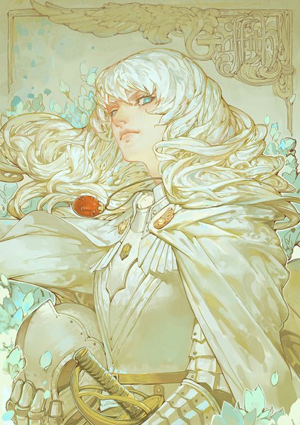 Anime picture 806x1140 with berserk griffith hunsay single long hair tall image looking at viewer blue eyes white hair boy flower (flowers) weapon petals sword armor pendant cape helmet