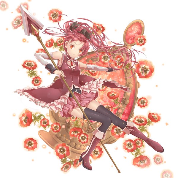 Anime picture 1900x1900 with mahou shoujo madoka magica shaft (studio) sakura kyouko ena1215 single long hair looking at viewer highres red eyes ponytail red hair high heels magical girl girl thighhighs dress flower (flowers) bow weapon black thighhighs