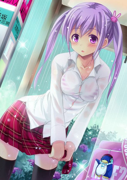 Anime picture 800x1131 with original moe2013 takanashi haruto single long hair tall image blush light erotic twintails purple hair parted lips pleated skirt pink eyes wet rain wet clothes wet shirt wringing clothes girl thighhighs
