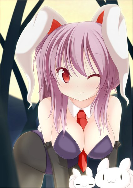 Anime picture 1255x1772 with touhou reisen udongein inaba chimunge single long hair tall image breasts light erotic red eyes purple hair one eye closed wink bunny ears girl gloves necktie elbow gloves bunnysuit