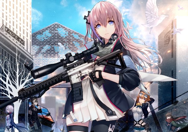 Anime picture 818x578 with girls frontline st ar-15 (girls frontline) grizzly mkv (girls frontline) type 100 (girls frontline) commander (girls frontline) mg5 (girls frontline) kyoeiki long hair fringe short hair blue eyes black hair hair between eyes brown hair standing purple eyes multiple girls holding brown eyes pink hair