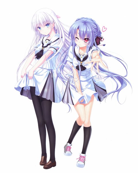 Anime picture 4689x5873 with summer pockets key (studio) naruse shiroha sorakado ao izumi tsubasu na-ga long hair tall image looking at viewer highres blue eyes simple background red eyes white background multiple girls blue hair absurdres full body white hair one eye closed