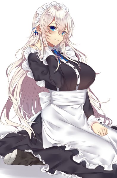 Anime picture 828x1260 with original onineko single long hair tall image looking at viewer blush fringe breasts blue eyes simple background smile hair between eyes large breasts white background sitting silver hair maid puffy sleeves girl