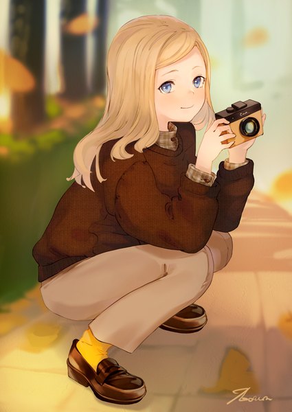 Anime picture 2508x3541 with original ikoan single long hair tall image looking at viewer highres blue eyes blonde hair holding signed full body bent knee (knees) outdoors light smile depth of field squat autumn girl socks