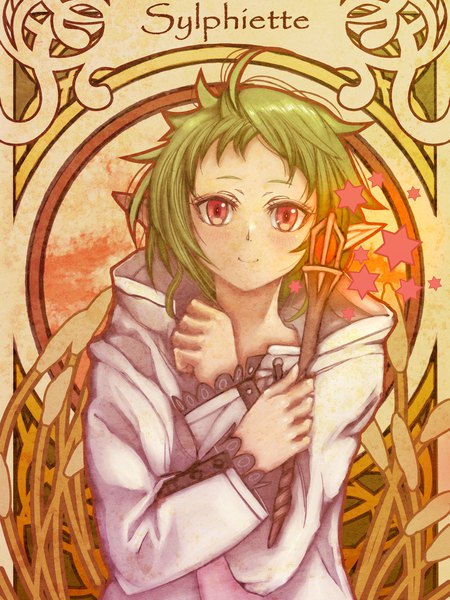 Anime picture 1500x2000 with mushoku tensei studio bind sylphiette (mushoku tensei) kiyo single tall image looking at viewer blush fringe short hair smile red eyes standing holding upper body ahoge green hair pointy ears character names elf