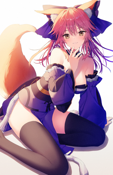 Anime picture 1000x1551 with fate (series) fate/grand order fate/extra tamamo (fate) (all) tamamo no mae (fate) kuro futoshi single long hair tall image looking at viewer blush fringe breasts light erotic simple background hair between eyes white background sitting animal ears yellow eyes