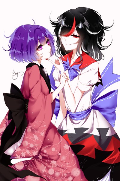 Anime picture 2100x3150 with touhou kijin seija sukuna shinmyoumaru sheya tall image highres short hair black hair simple background smile red eyes white background multiple girls signed purple hair nail polish traditional clothes japanese clothes pink eyes multicolored hair