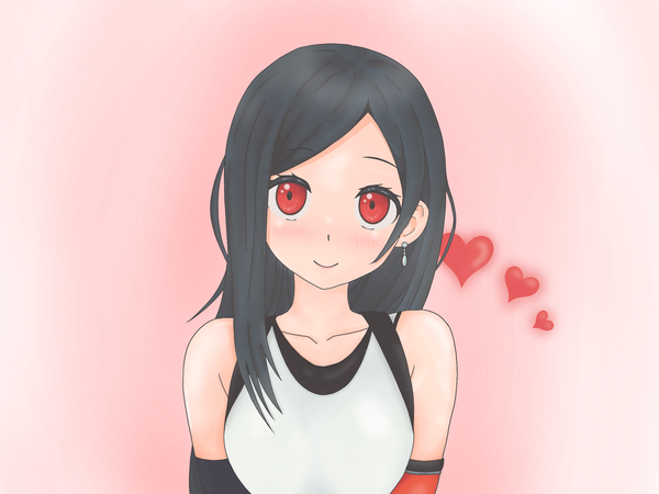 Anime picture 2048x1536 with final fantasy final fantasy vii square enix tifa lockhart mout single long hair looking at viewer blush fringe highres black hair simple background smile red eyes bare shoulders upper body pink background girl heart