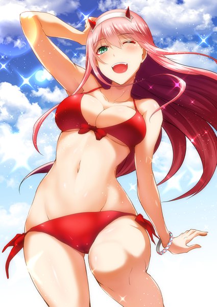 Anime picture 878x1239 with darling in the franxx studio trigger zero two (darling in the franxx) nekoi hikaru single long hair tall image blush fringe breasts open mouth light erotic smile hair between eyes large breasts standing green eyes pink hair sky cloud (clouds)