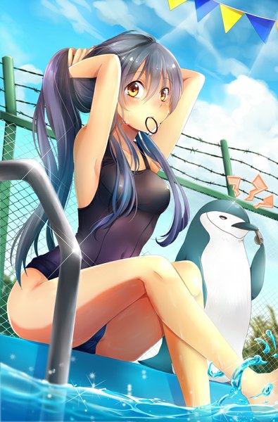 Anime picture 600x911 with original maronie. long hair tall image light erotic black hair holding yellow eyes sky cloud (clouds) ponytail armpit (armpits) mouth hold hair tie in mouth girl swimsuit animal water bird (birds) one-piece swimsuit