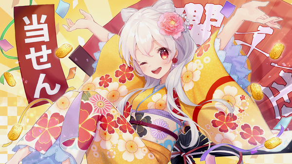 Anime picture 1920x1080 with original hoshino ruru single long hair fringe highres open mouth hair between eyes red eyes wide image silver hair traditional clothes japanese clothes one eye closed official art hair bun (hair buns) floral print spread arms ;d girl