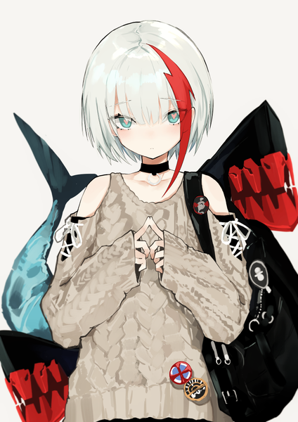 Anime picture 850x1204 with azur lane admiral graf spee (azur lane) admiral graf spee (daily peaceful life) (azur lane) narue single tall image looking at viewer blush fringe short hair simple background hair between eyes standing white background bare shoulders silver hair upper body blunt bangs multicolored hair aqua eyes